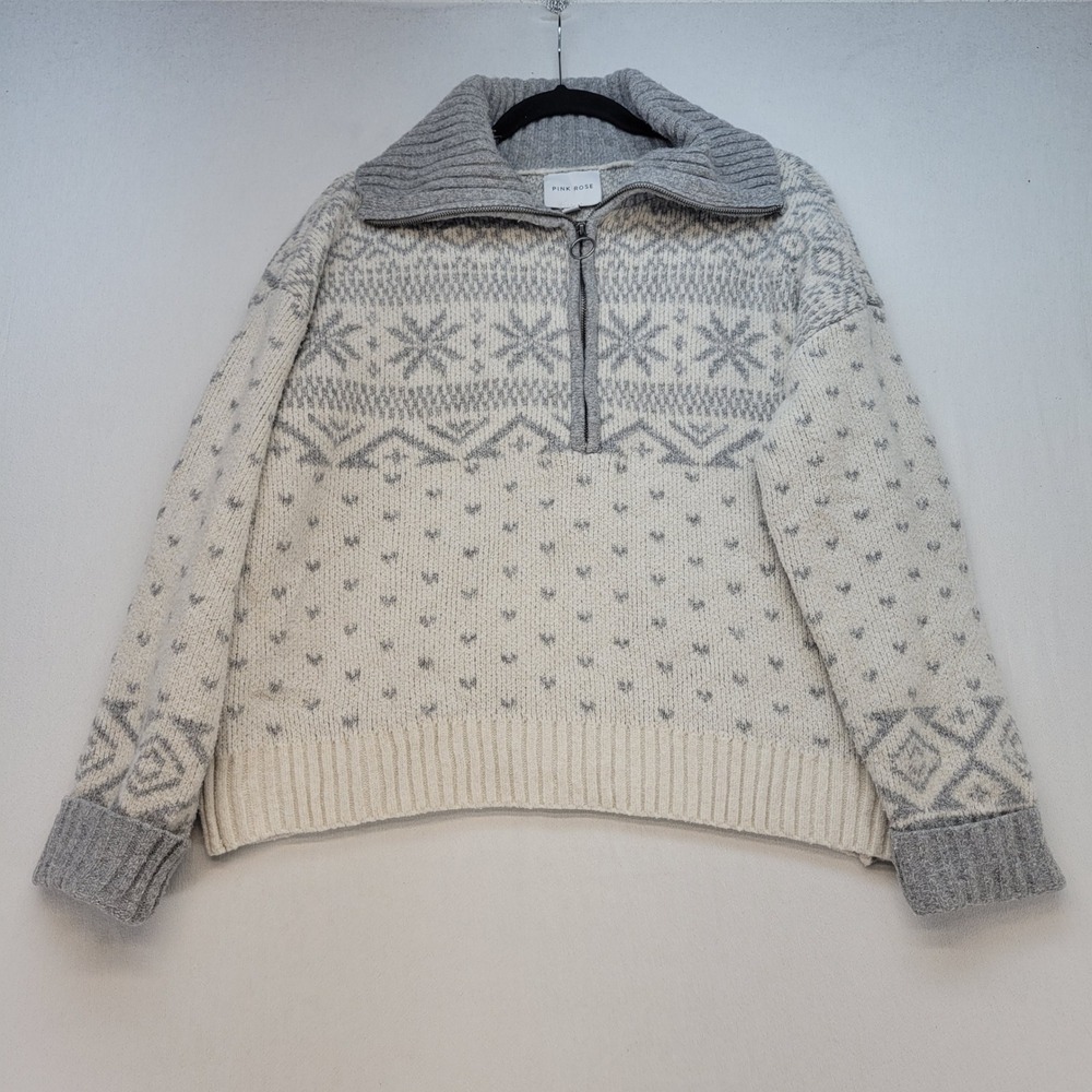 Pink Rose Sweater Womens Medium Gray Fair Isle Quarter Zip Pullover Knit